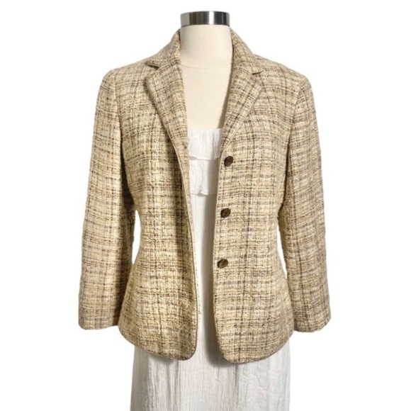 Neutral Tweed Wool Blazer Jacket By Lafayette 148 New York - Picture 3 of 11